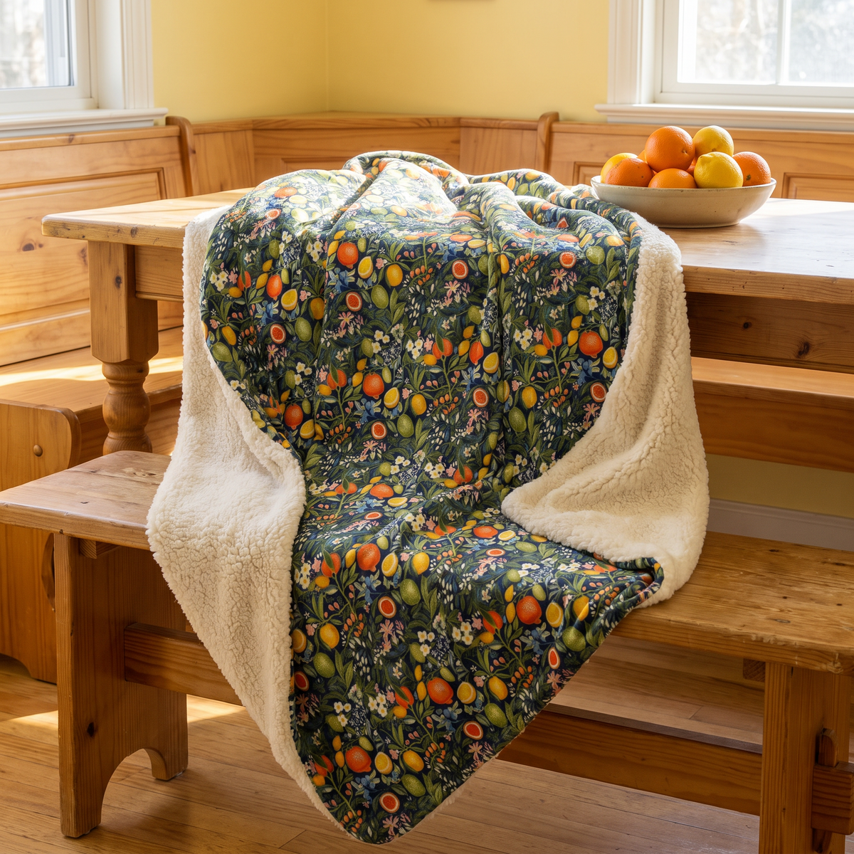 Magical Fruitiness sherpa fleece blanket on a farmhouse bench in a sunny breakfast nook