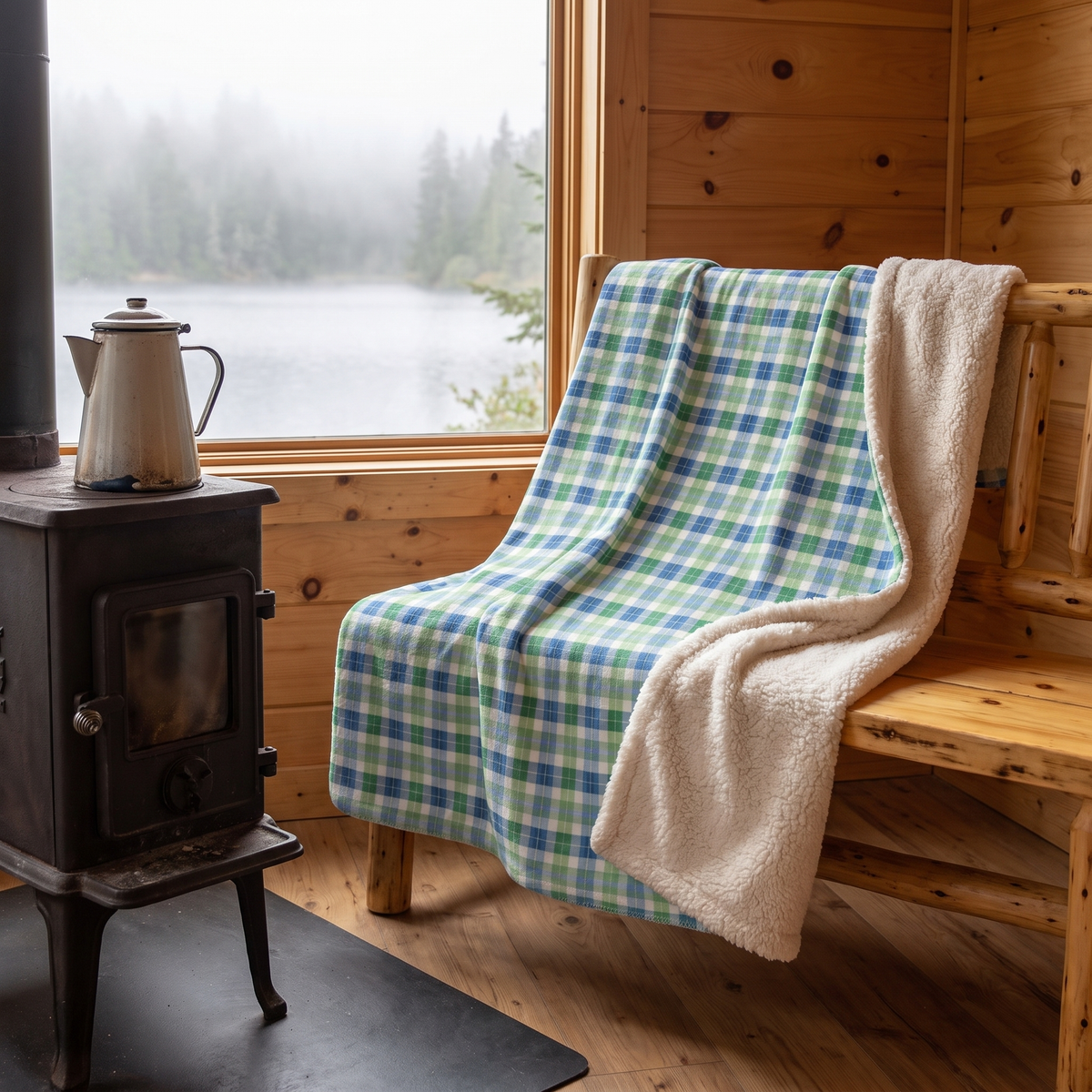 Spring Mist Plaid sherpa fleece blanket on a pine bench by a wood stove in a misty lake cabin