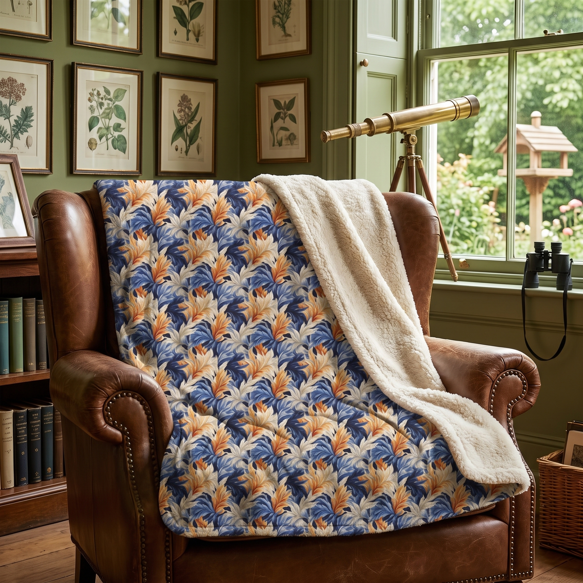 Feathered Fresco Fusion sherpa fleece blanket on a leather reading chair in a birdwatcher's study