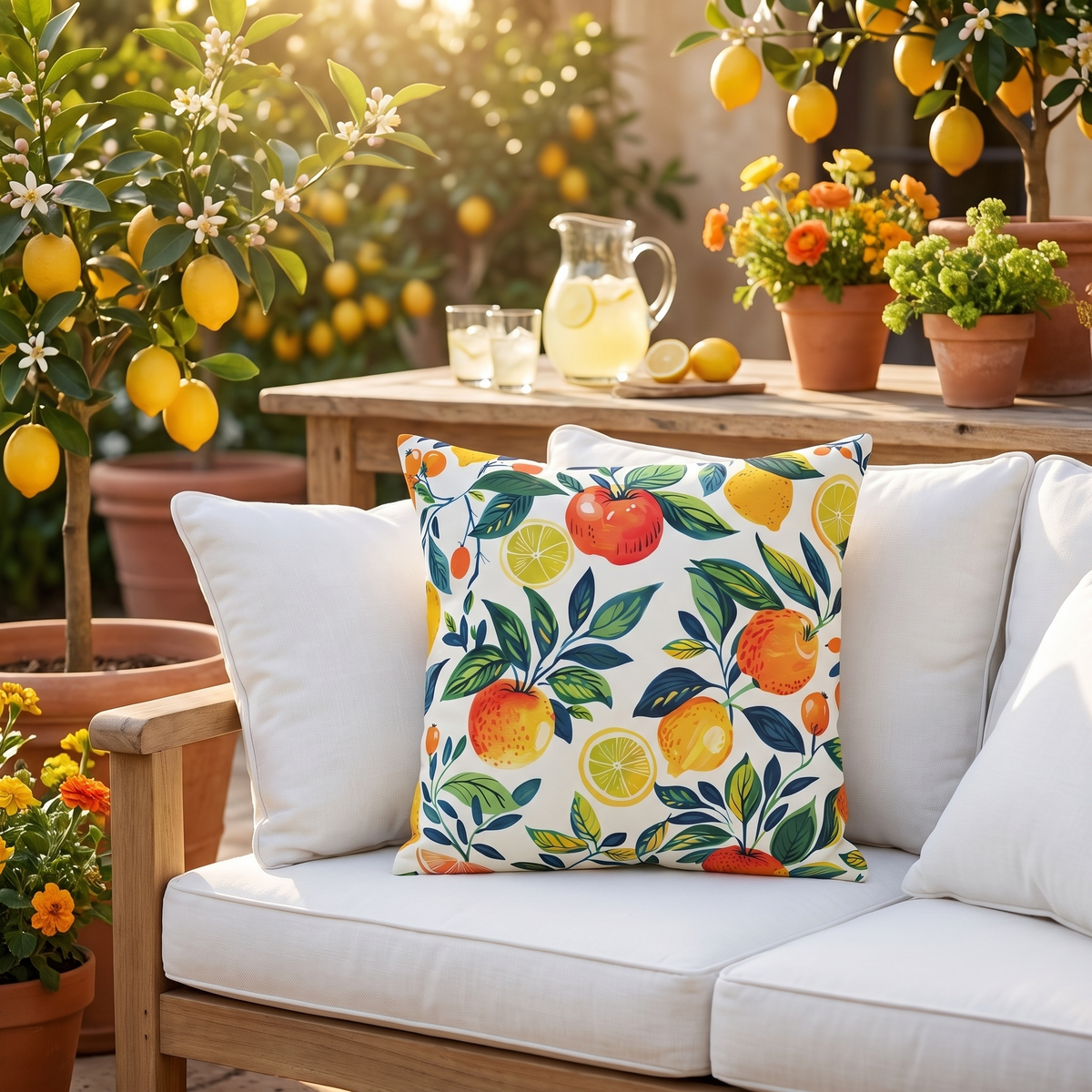 Citrus Breeze square outdoor pillow styled in a sunlit outdoor setting