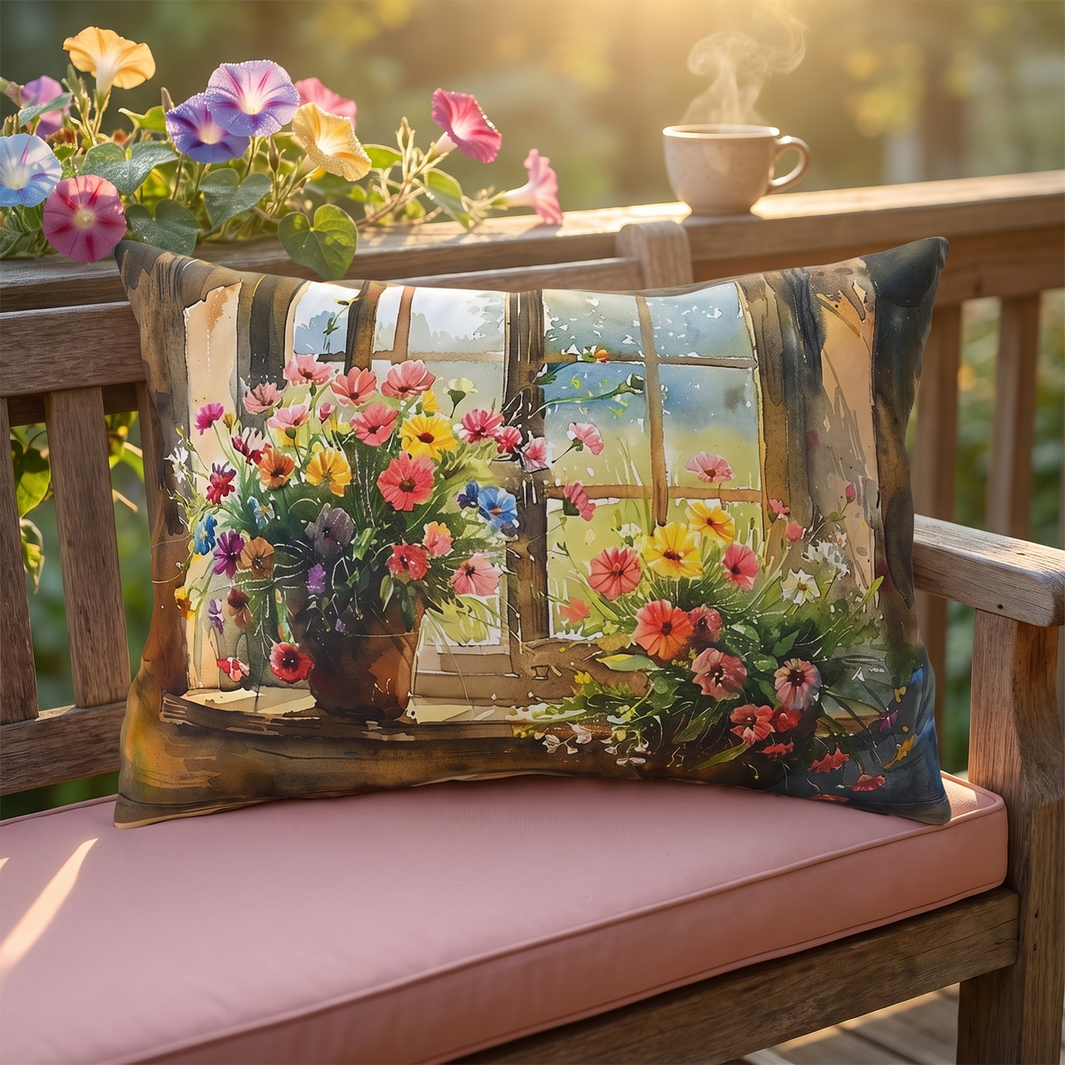 Morning Bloom Delight lumbar outdoor pillow styled in a sunlit outdoor setting