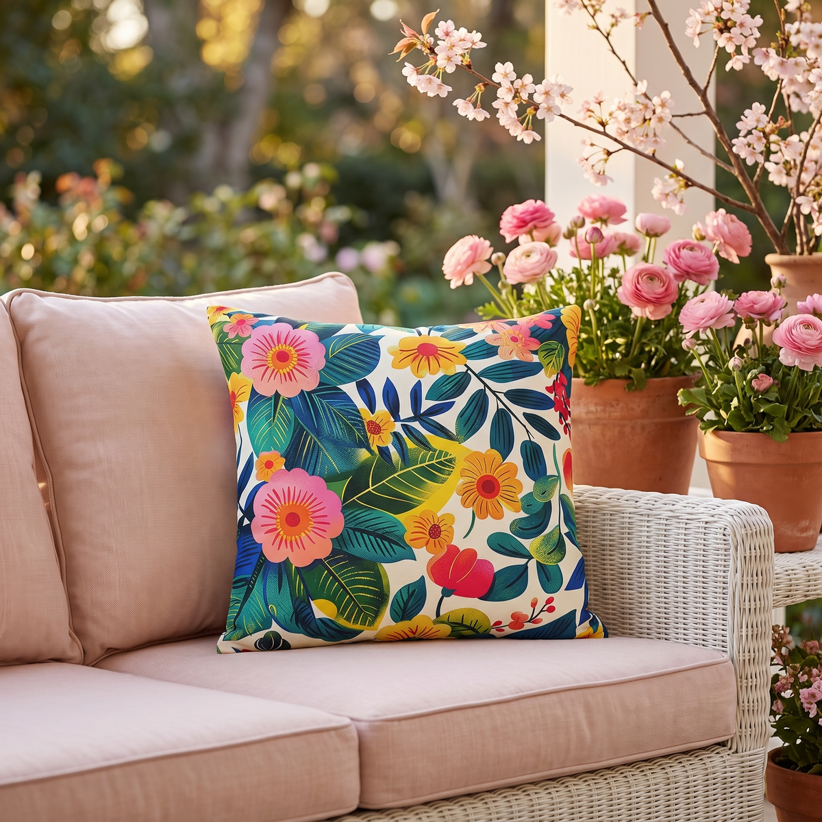 Blossom Bliss square outdoor pillow styled in a sunlit outdoor setting