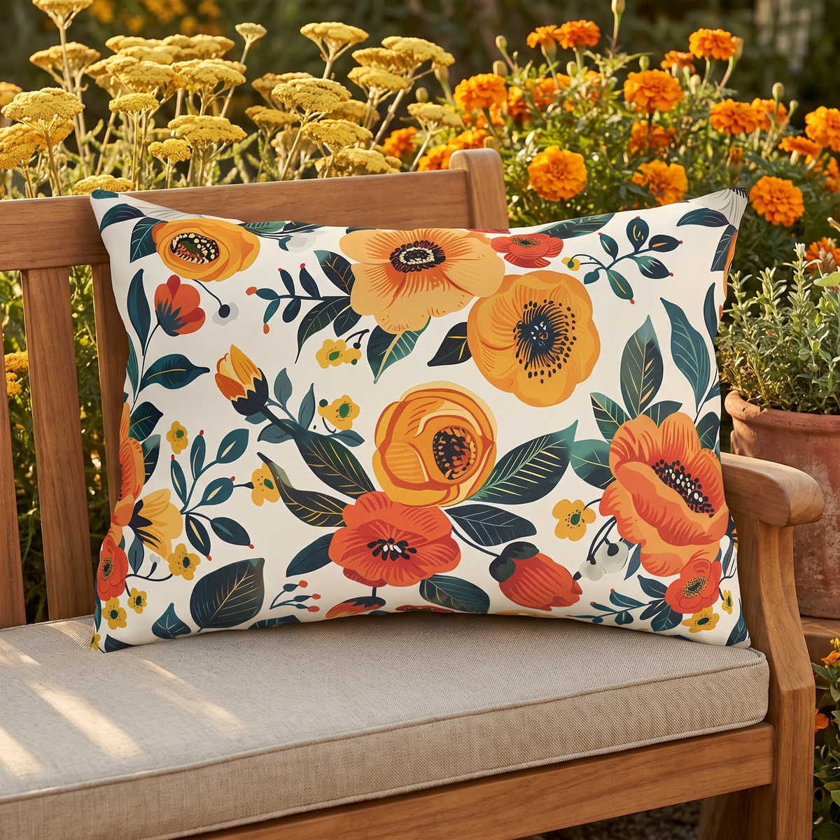Golden Bloom Harmony lumbar outdoor pillow styled in a sunlit outdoor setting