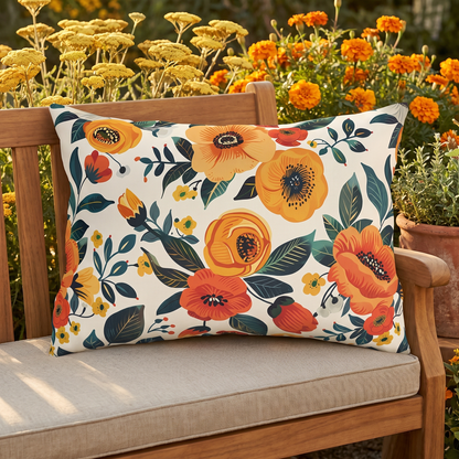 Golden Bloom Harmony lumbar outdoor pillow styled in a sunlit outdoor setting