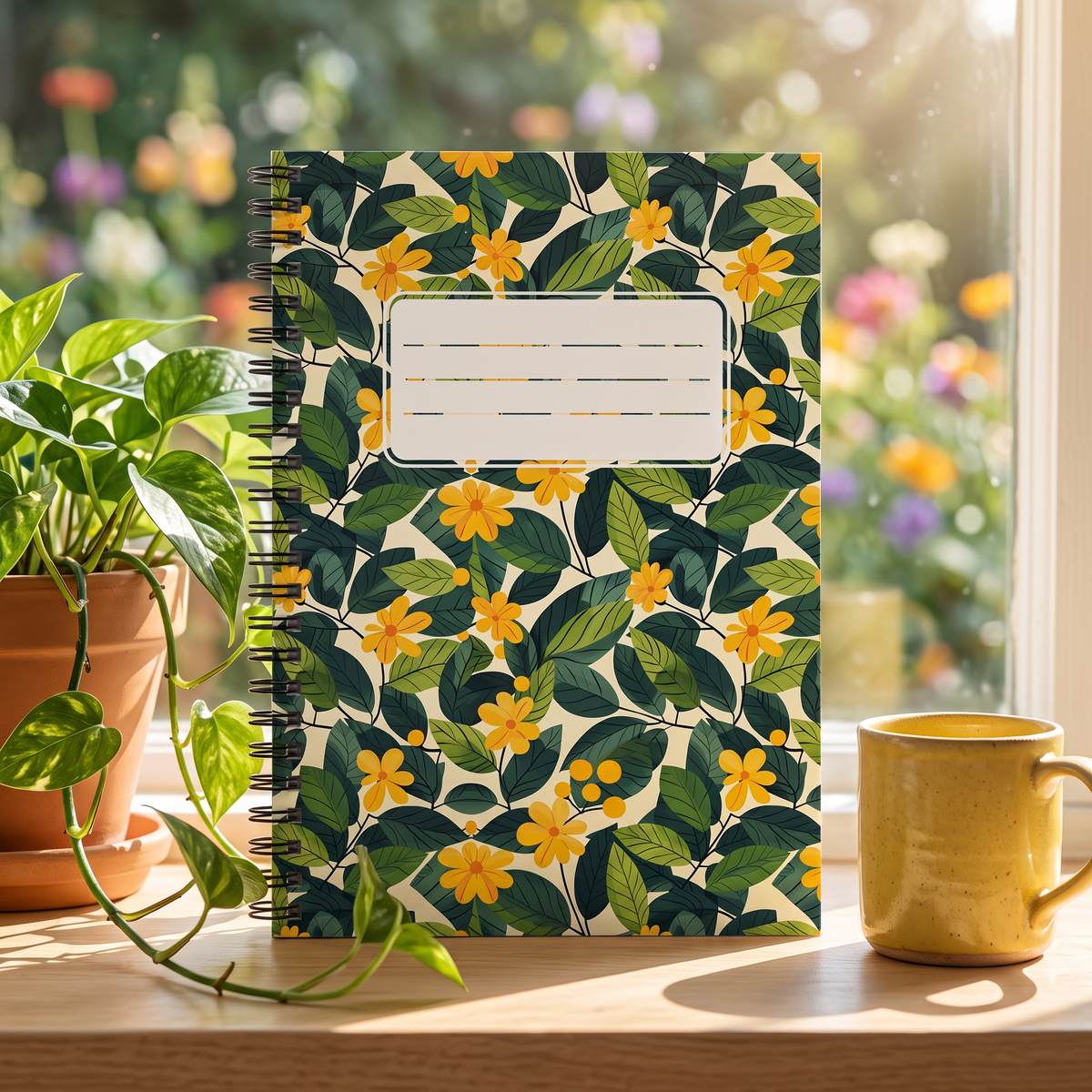 Sunshine Vines spiral notebook in a styled lifestyle scene — Bliss Road Studios