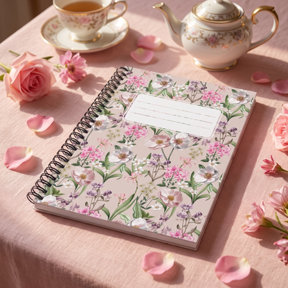 Pastel Pink Flowers spiral notebook in a styled lifestyle scene — Bliss Road Studios