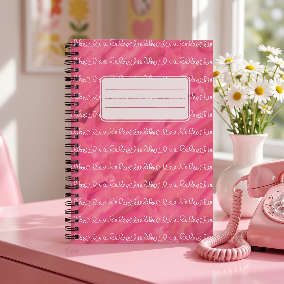 Pink Twirly Loops with Label spiral notebook in a styled lifestyle scene — Bliss Road Studios