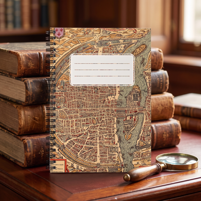 Vintage Old World City Map with Label spiral notebook in a styled lifestyle scene — Bliss Road Studios