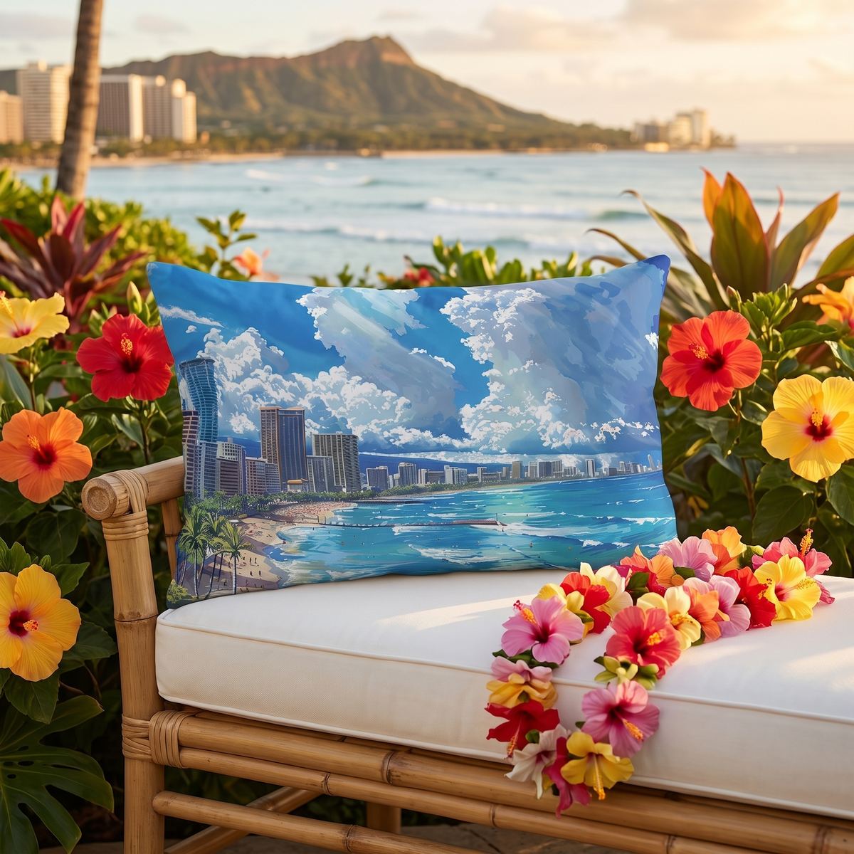 Waikiki Beach lumbar outdoor pillow styled in a sunlit outdoor setting