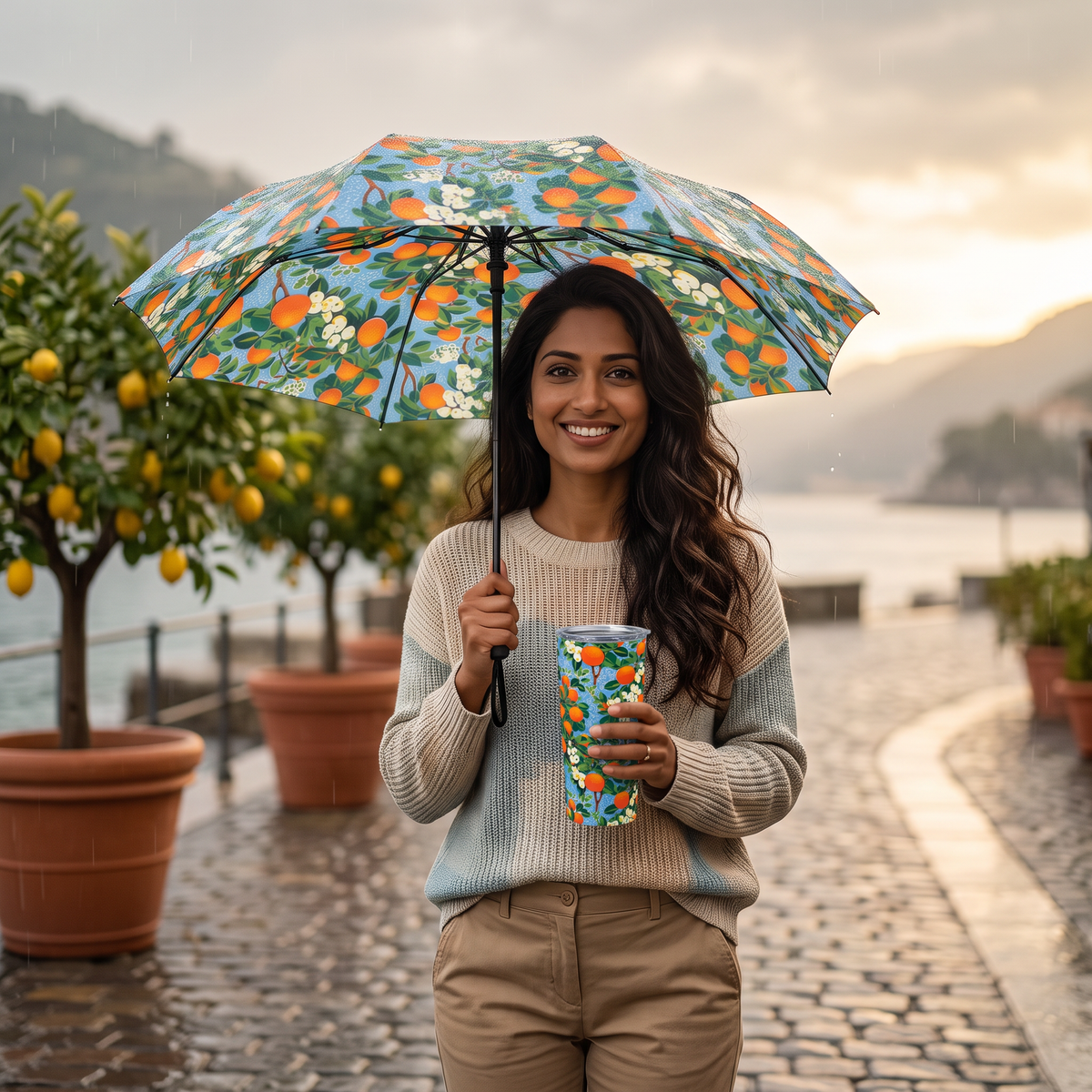A young woman on a rainy seaside promenade holds the Citrus Blue Bliss umbrella and matching travel tumbler at true size
