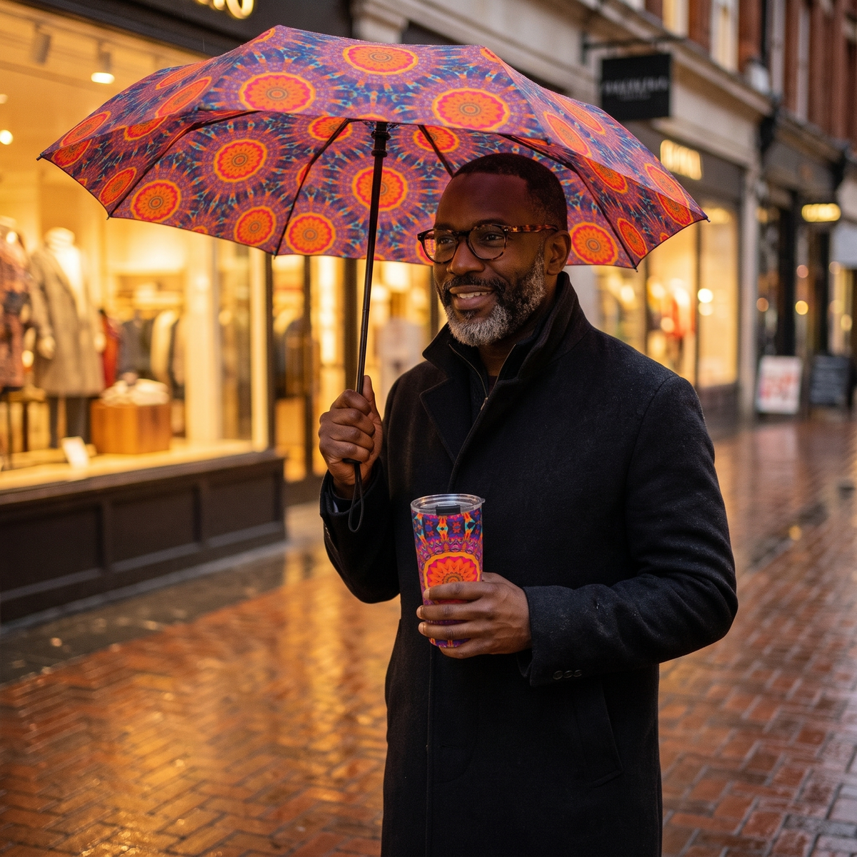 A man with glasses on a rainy evening street holds the Fiery Mosaic Magic umbrella and matching travel tumbler at true size