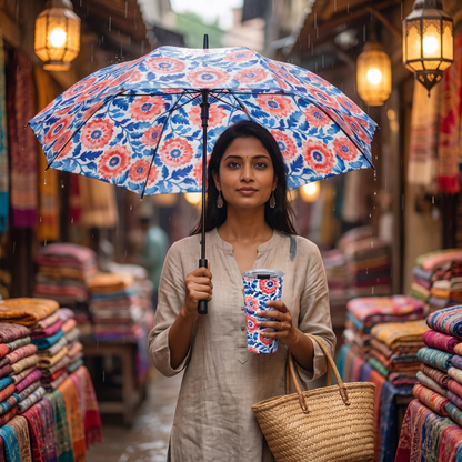 A woman in a textile-market lane holds the Whimsical Batik Blossoms umbrella and matching travel tumbler at true size