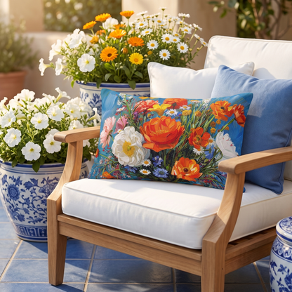 Blossoms on Blue lumbar outdoor pillow styled in a sunlit outdoor setting