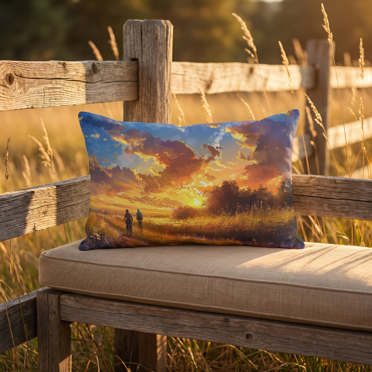 Golden Sunset Ride lumbar outdoor pillow styled in a sunlit outdoor setting