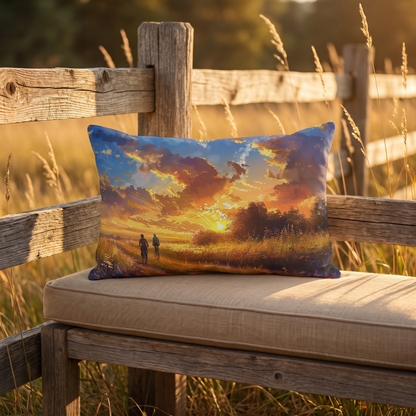 Golden Sunset Ride lumbar outdoor pillow styled in a sunlit outdoor setting