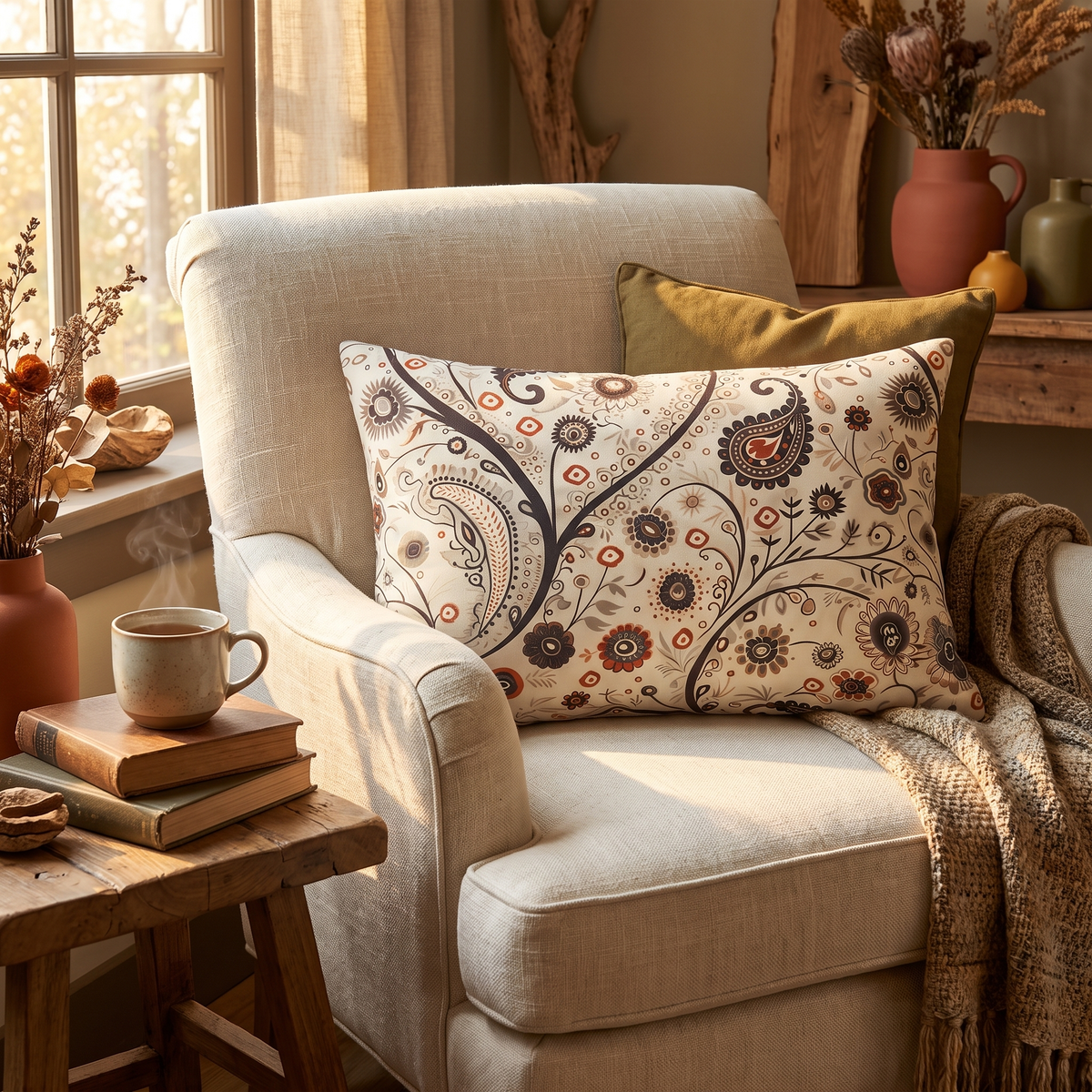 Paisley Breeze Lumbar Pillow styled in a warm autumn reading nook