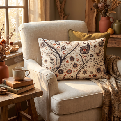 Paisley Breeze Lumbar Pillow styled in a warm autumn reading nook