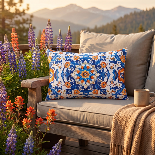 Sierra Blossom outdoor lumbar pillow styled in a sunlit outdoor setting