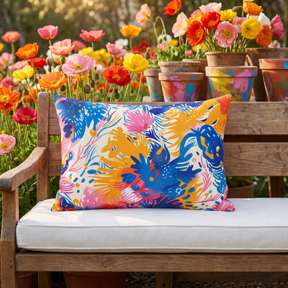 Splatter Blossom outdoor lumbar pillow styled in a sunlit outdoor setting