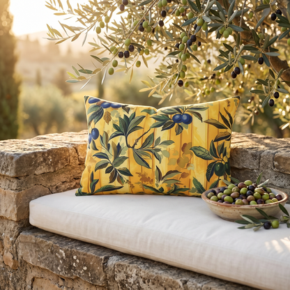 Olives & Sunshine Delight outdoor lumbar pillow styled in a sunlit outdoor setting