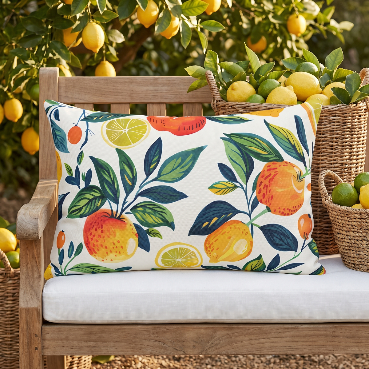 Citrus Breeze outdoor lumbar pillow styled in a sunlit outdoor setting