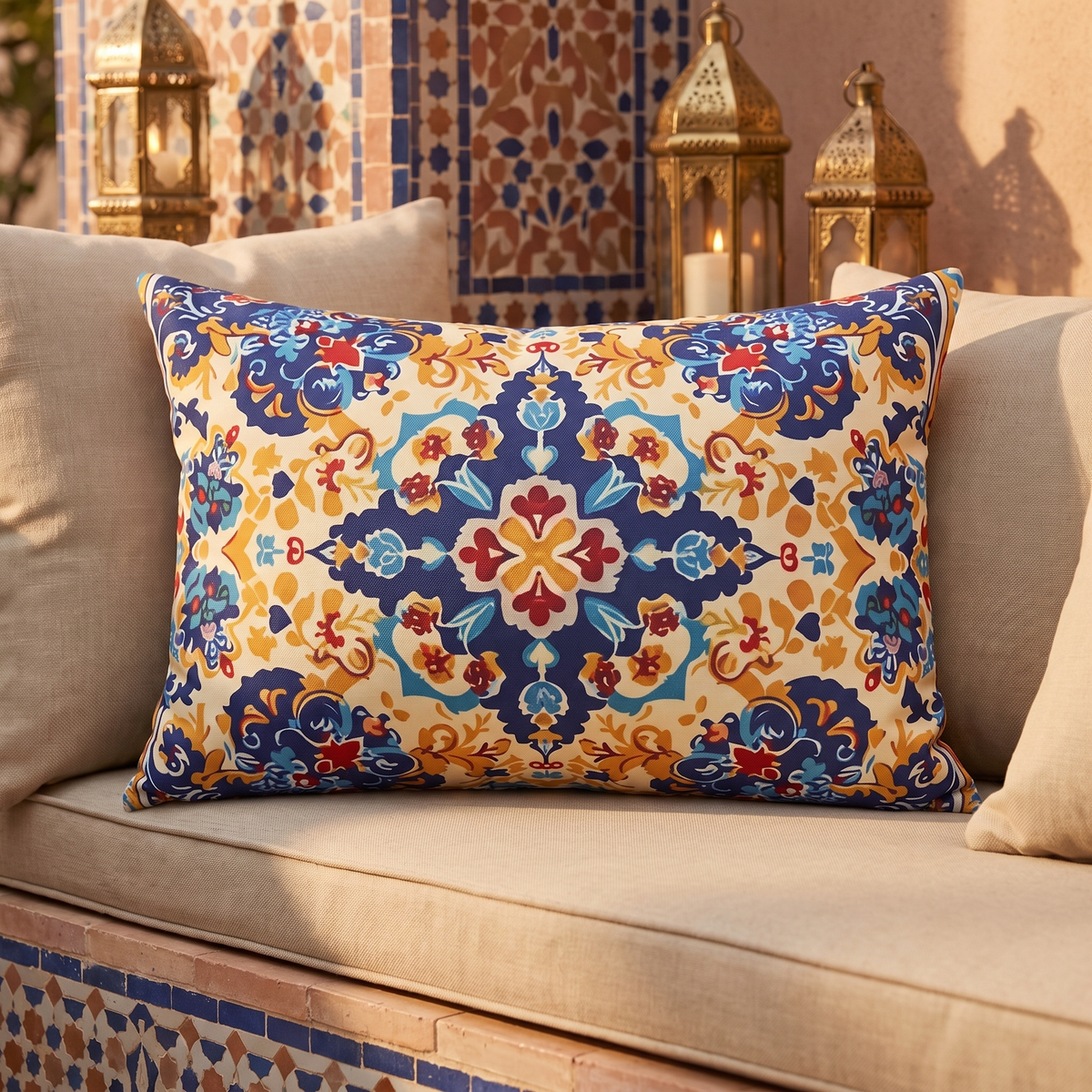 Moorish Elegance outdoor lumbar pillow styled in a sunlit outdoor setting