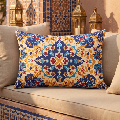 Moorish Elegance outdoor lumbar pillow styled in a sunlit outdoor setting