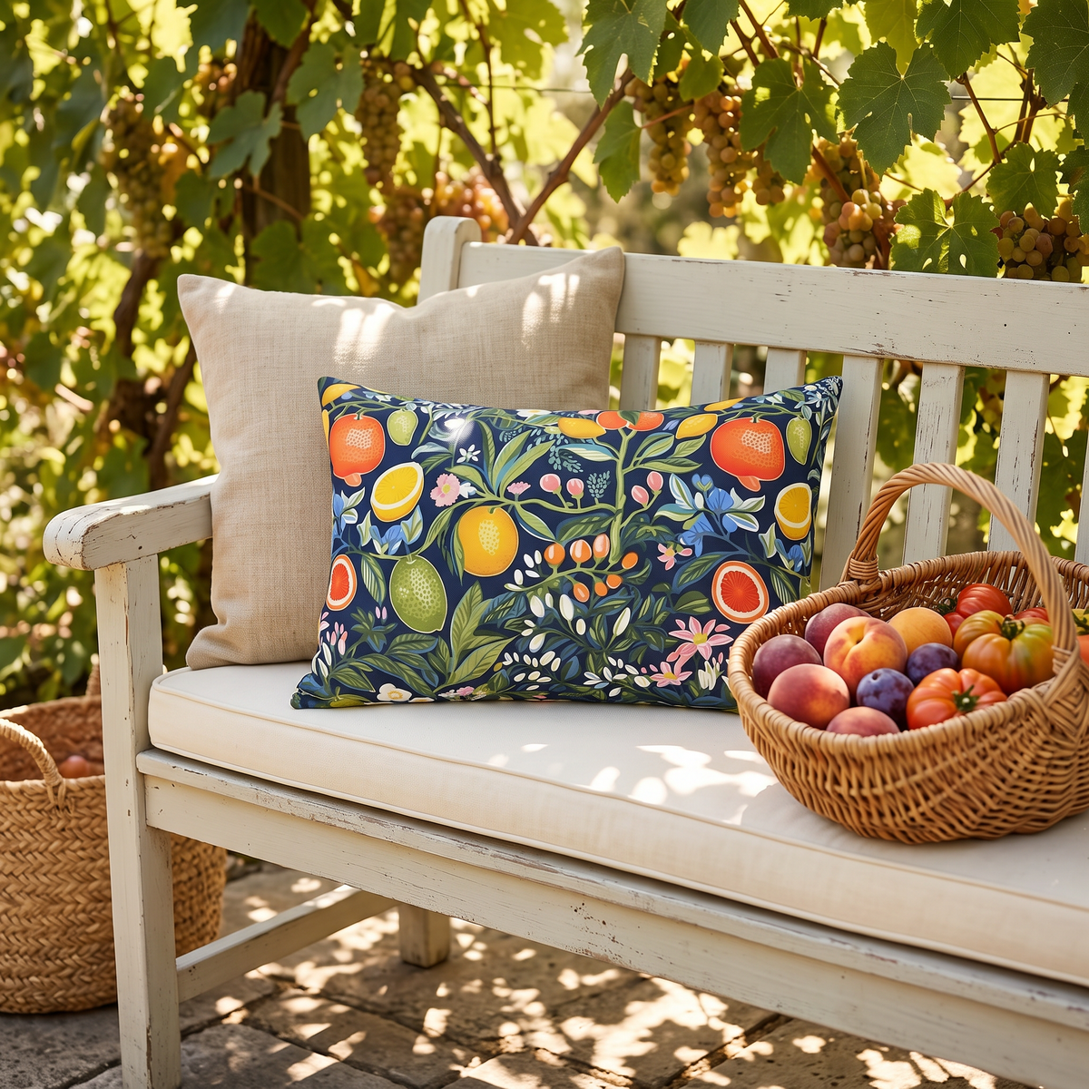 Magical Fruitiness outdoor lumbar pillow styled in a sunlit outdoor setting