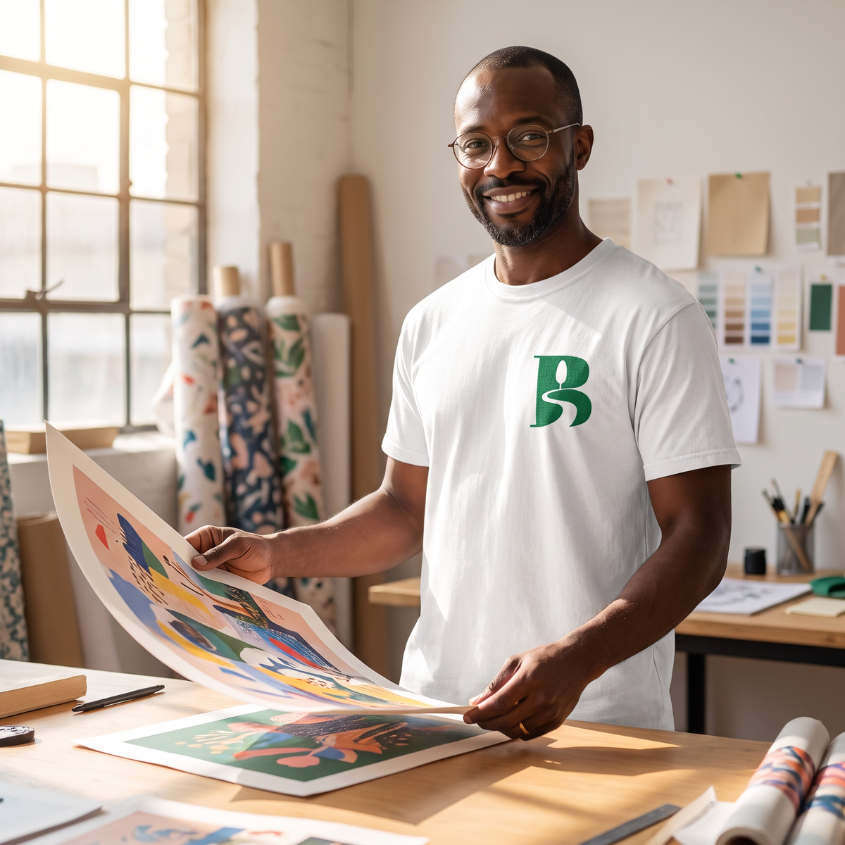 A smiling man with glasses and a close beard wears the white Bliss Road Studios embroidered tee while holding an art print up to the window light in a sunny design studio