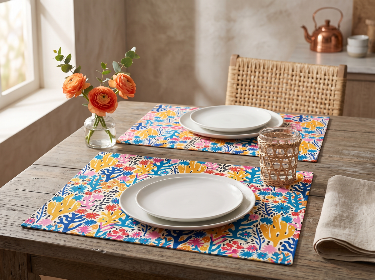 Coral Bloom Harmony placemats set at a bright breakfast table with white dinnerware and coral ranunculus flowers