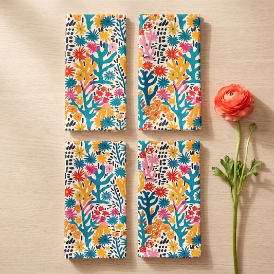 Coral Bloom Harmony dinner napkins, elongated fold, two rows of four, with a coral ranunculus