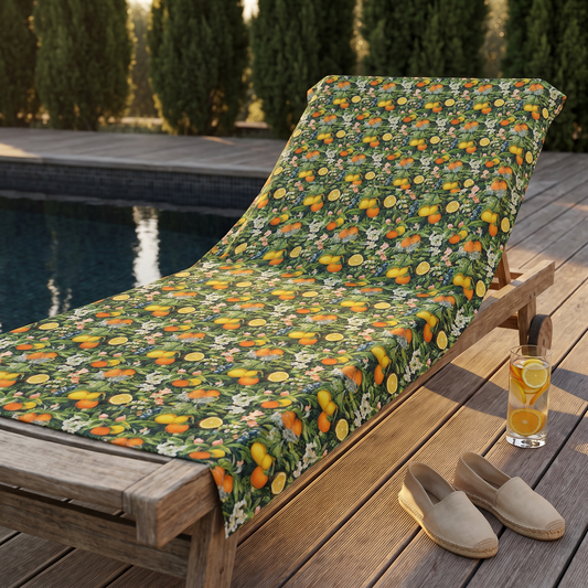 Noble Citrus Mosaic beach towel draped on a teak lounger beside a dark-tiled pool at golden hour