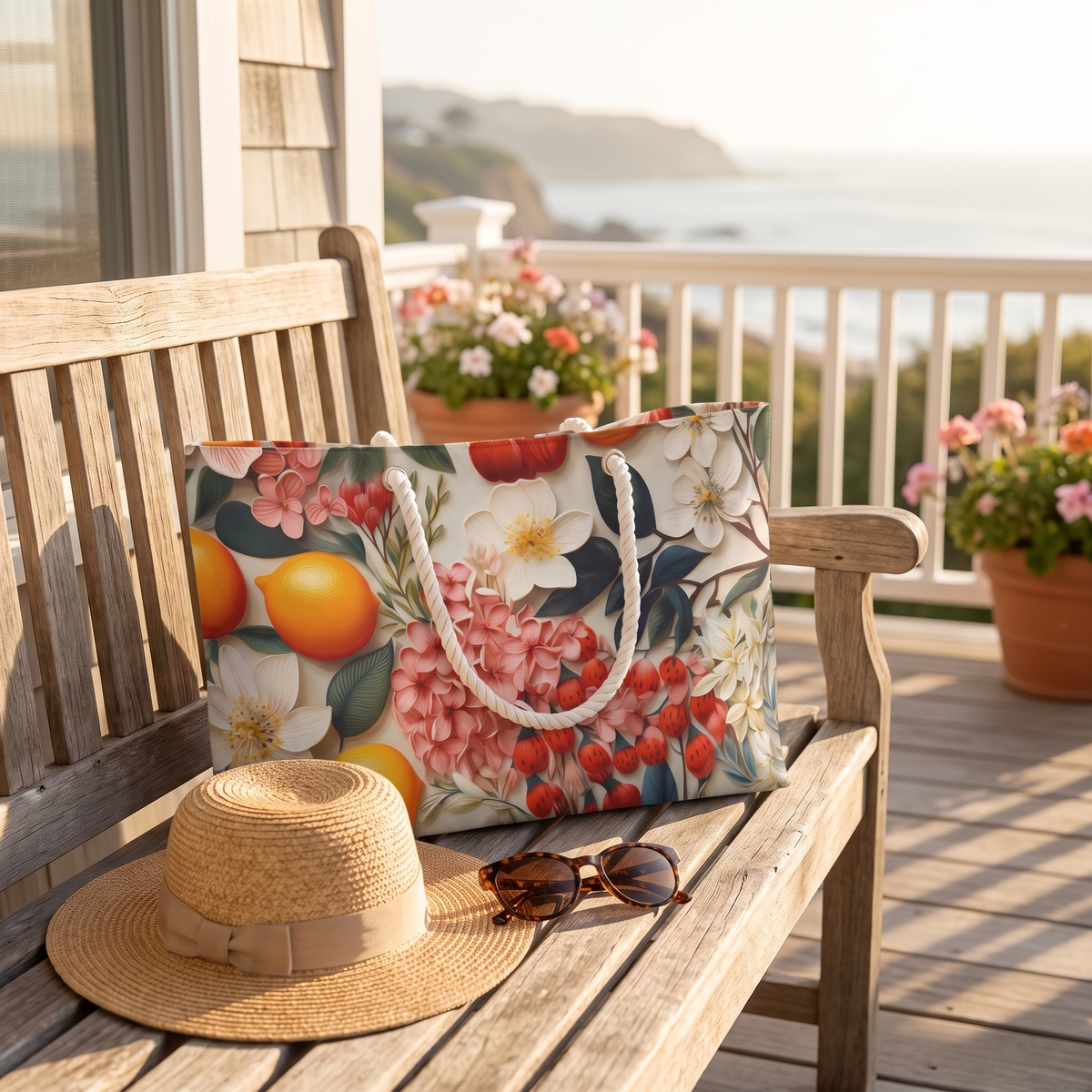Citrus in Bloom weekender bag on a coastal cottage porch bench