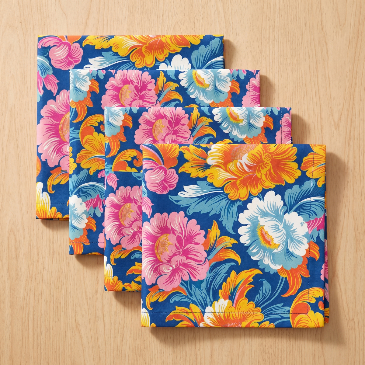 Four folded Chintz Charm dinner napkins fanned in a stack, top-down view