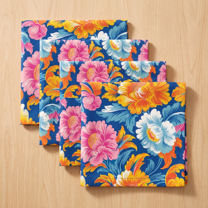 Four folded Chintz Charm dinner napkins fanned in a stack, top-down view