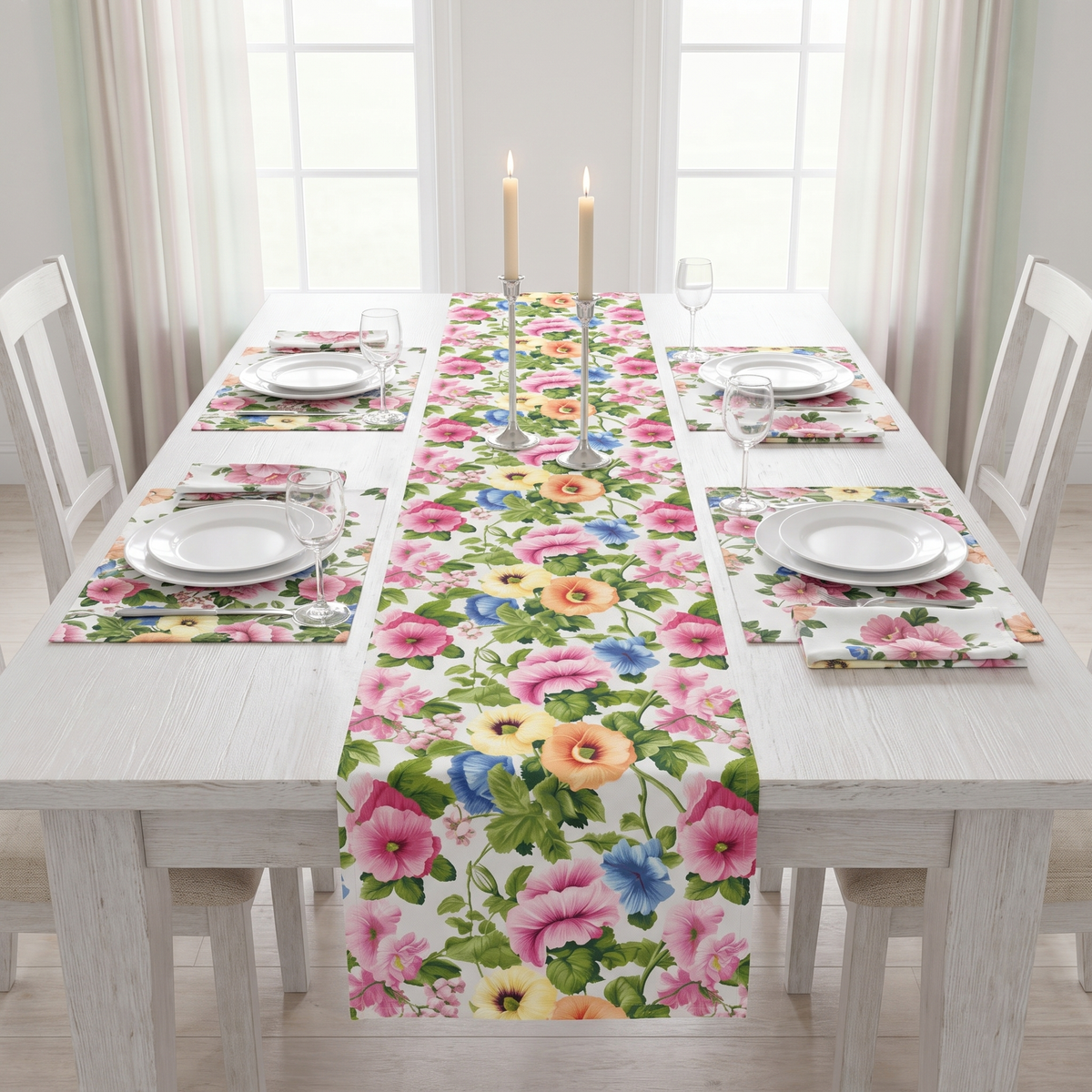 Pastel Garden Elegance table runner, placemats, and napkins dressed on a bright dining table