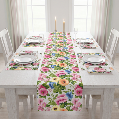 Pastel Garden Elegance table runner, placemats, and napkins dressed on a bright dining table