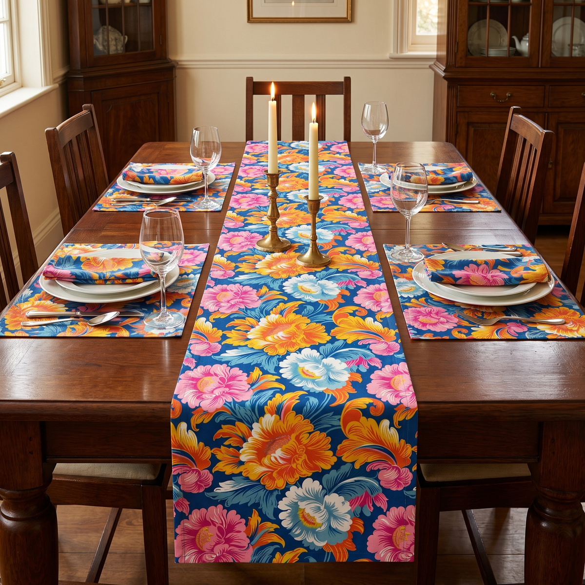 Chintz Charm table runner, placemats, and napkins dressed on a dark wood dining table