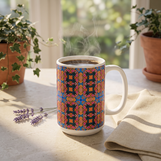 GeoGarden ceramic mug with steaming coffee on a sunlit garden-room table
