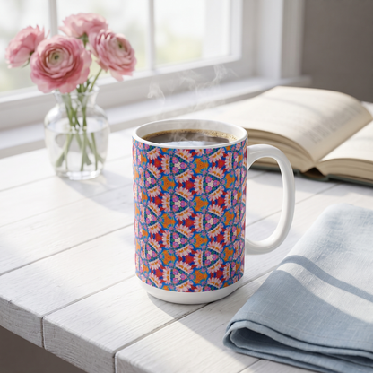 Geometric Blossom ceramic mug with steaming coffee on a bright breakfast table