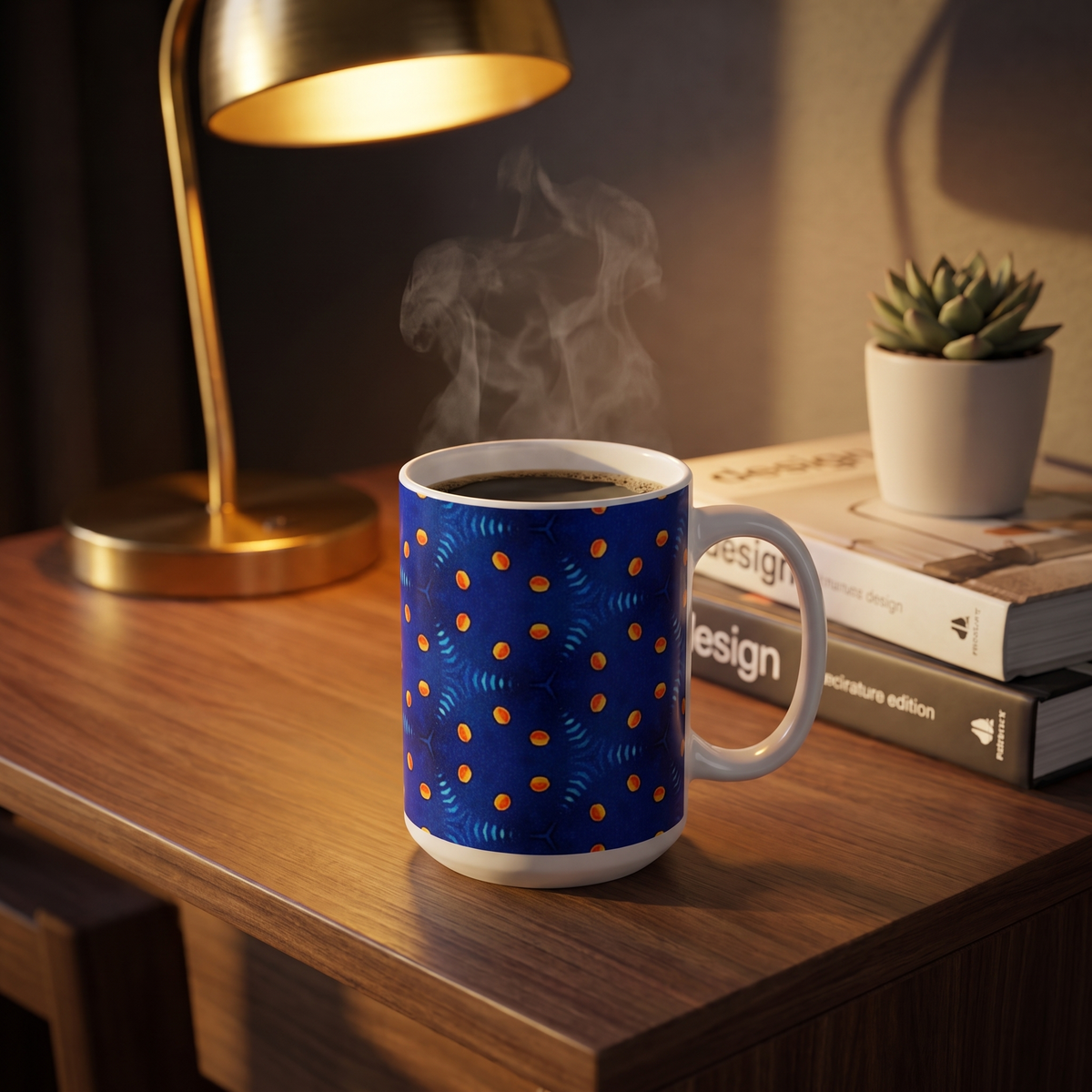 GeoSpark ceramic mug with steaming coffee on a walnut desk under a brass lamp