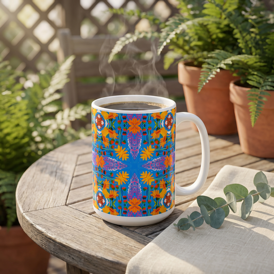 Blooming Mosaic Voyage ceramic mug with steaming coffee on a teak garden table