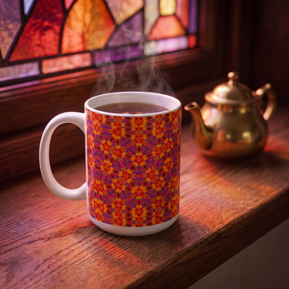 Kaleidoscope Blossom Charm ceramic mug with steaming tea by a stained-glass window