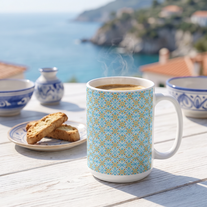 Mediterranean Mosaic ceramic mug with espresso on a whitewashed coastal terrace