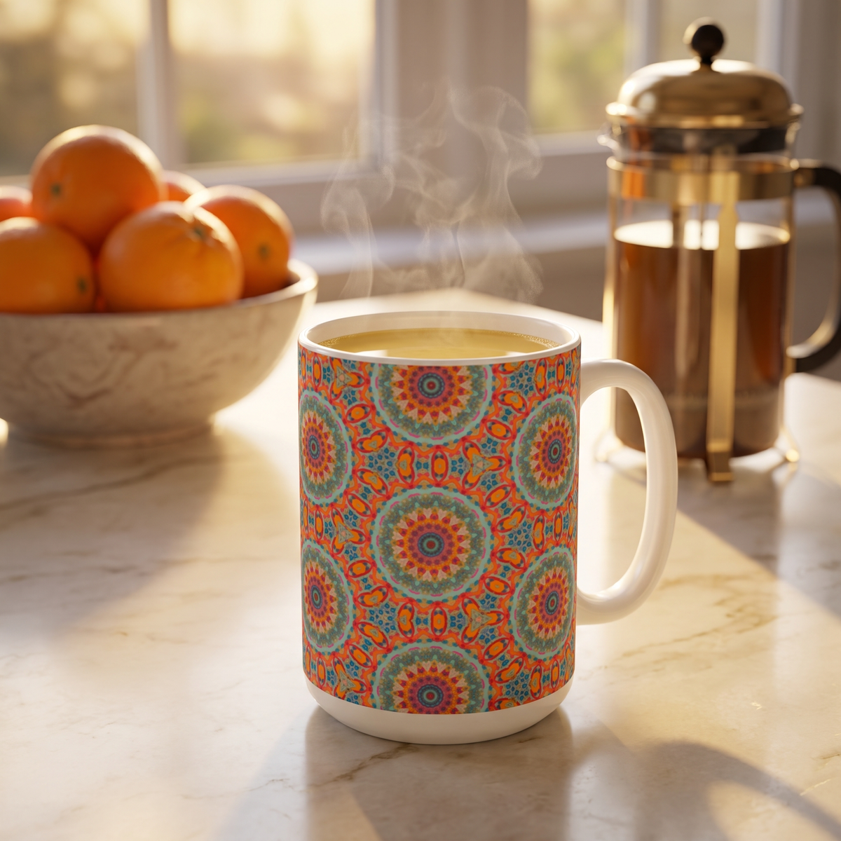 Golden Elegance ceramic mug with golden chai on a cream marble counter