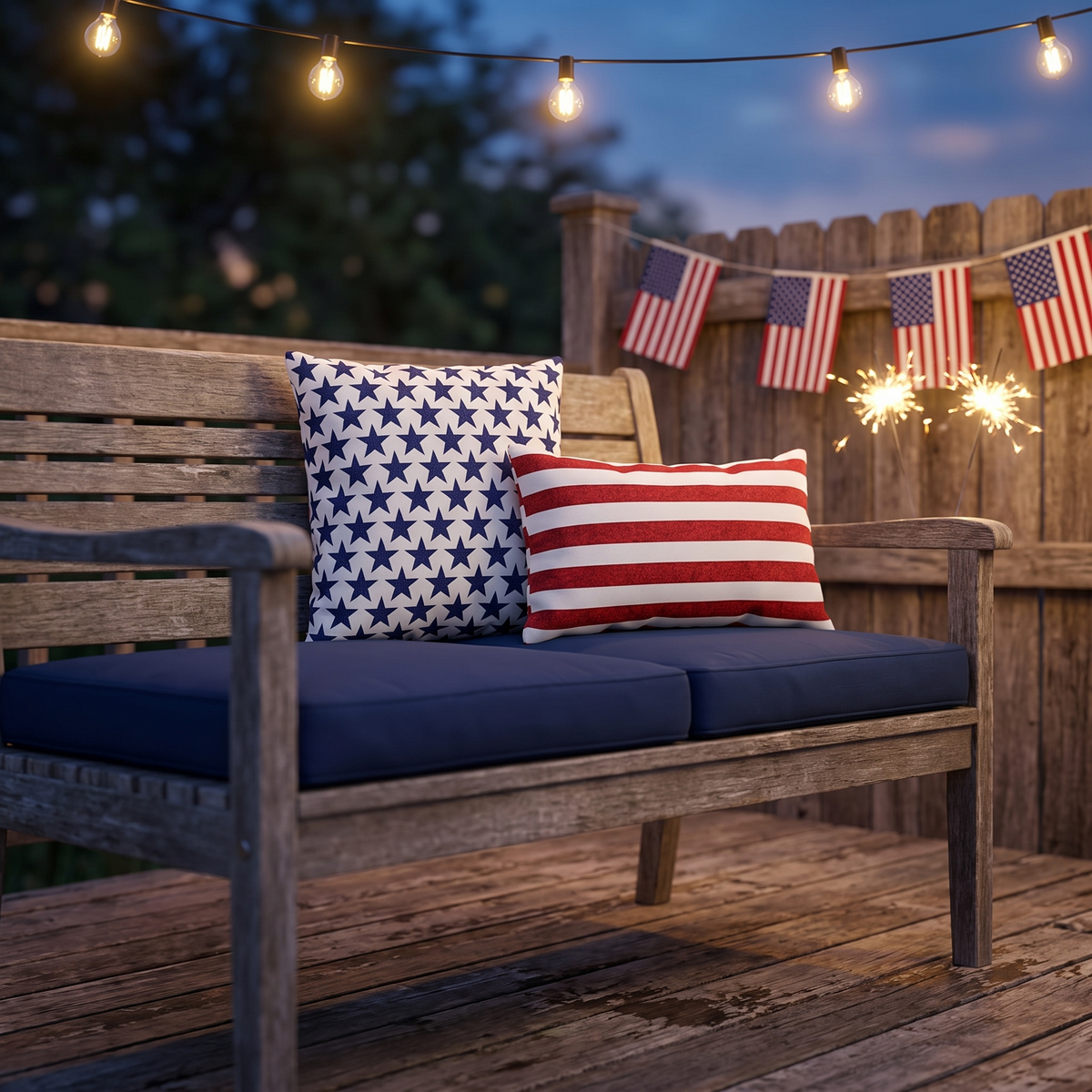 Starry Salute square outdoor pillow with Sparkle Stripes lumbar on a patio bench under string lights