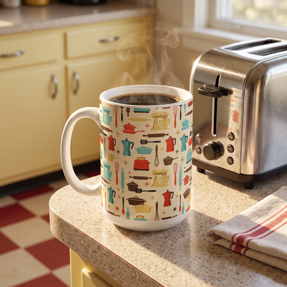 Midcentury Kitchen Tools ceramic mug with steaming coffee beside a chrome toaster in a retro 1950s kitchen