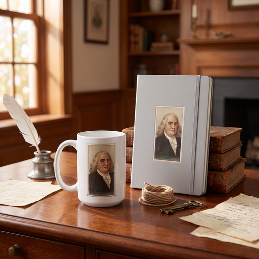 Inventor Series Benjamin Franklin ceramic mug and hardcover notebook on a colonial writing desk