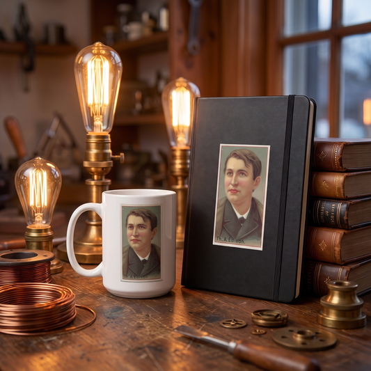 Inventor Series Thomas Edison ceramic mug and hardcover notebook beside glowing filament bulbs
