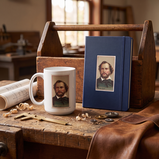Inventor Series Samuel Colt ceramic mug and hardcover notebook on a machinist workbench